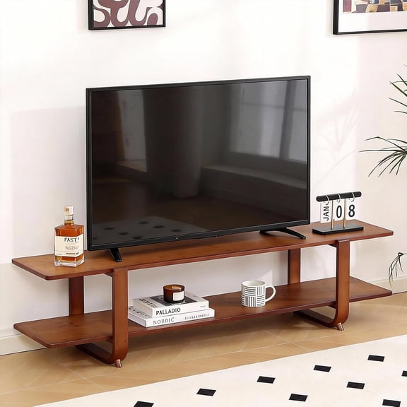 TV Stand with Storage for TVs up to 65'', Bamboo TV Console Entertainment Center with 2 Open Shelf, Mid Century Modern Media Console for Living Room, Bedroom, Walnut