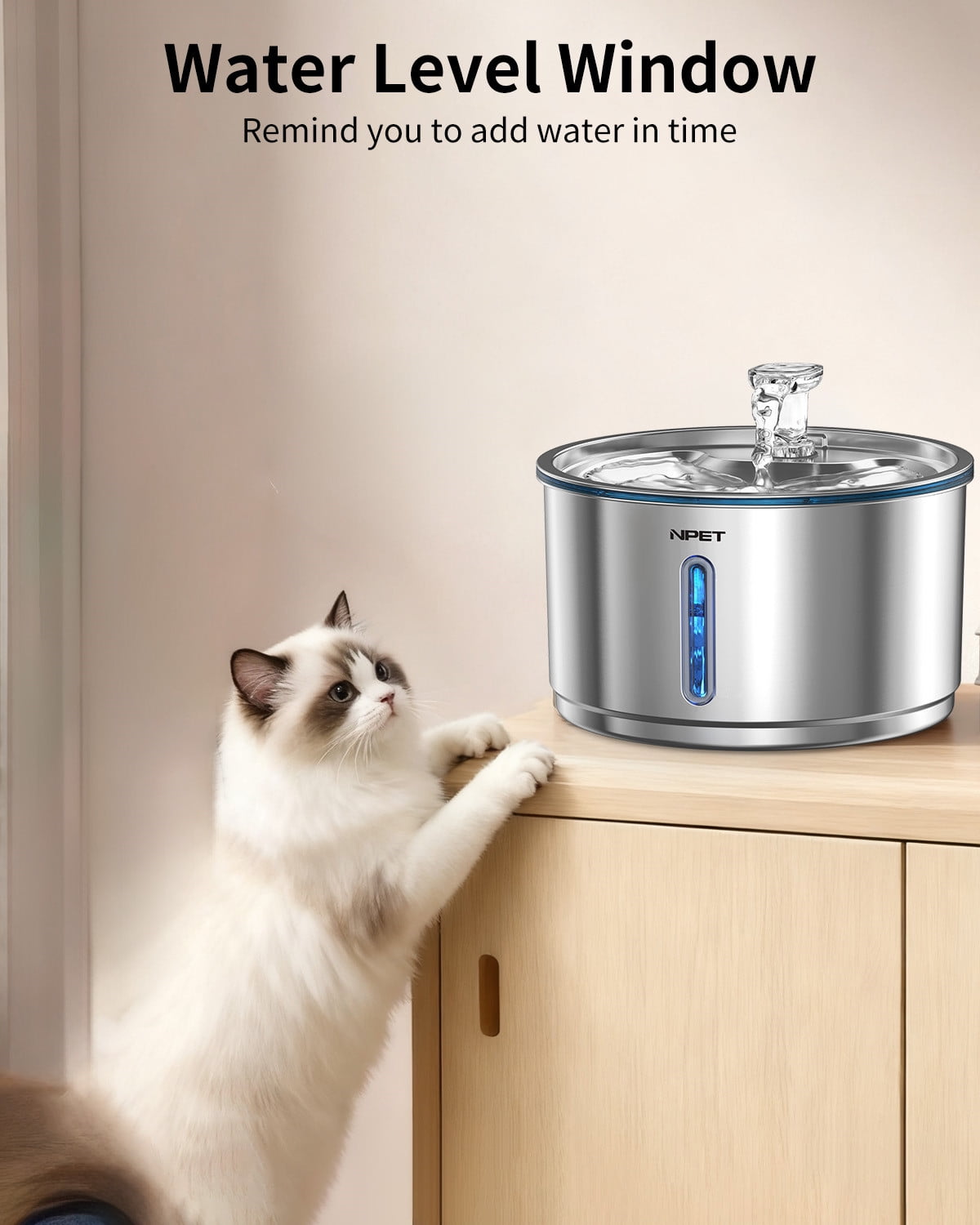 NPET 1 Gallon Stainless Steel Pet Water Fountain Quiet Filtered Cat Drinking Water Dispenser With 12 Replacement Filters