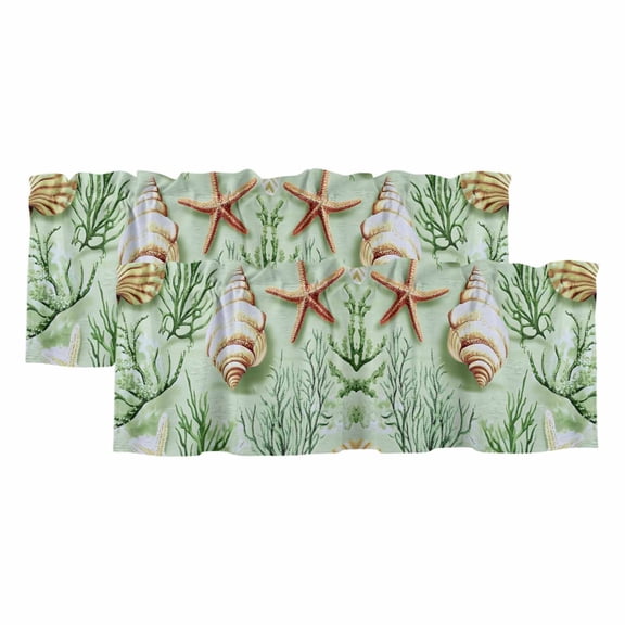 Sage Green Coastal Valances for Windows, Decorative Rod Pocket Window Valance Curtains, Summer Ocean Seaweed Shell Short Curtain Drapes for Kitchen/Bathroom/Living Room, 2 Panels, 54" W x 18" L
