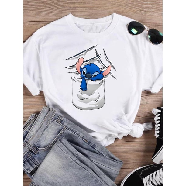 Disney Watercolor Lovely Style Short Sleeve Women Print Clothing Stitch Casual Tee Shirt Fashion Cartoon Graphic T-shirtsM Gao Jinjia LED