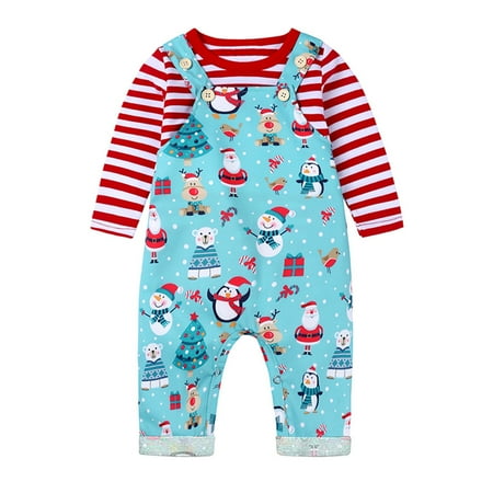 

Yubatuo Infant Baby Girl Boy Striped T-shirt Christmas Cartoon Suspender Trousers Outfit Blue 100