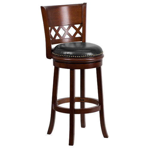 29'' Cherry Wood Bar Stool with Black Leather Swivel Seat