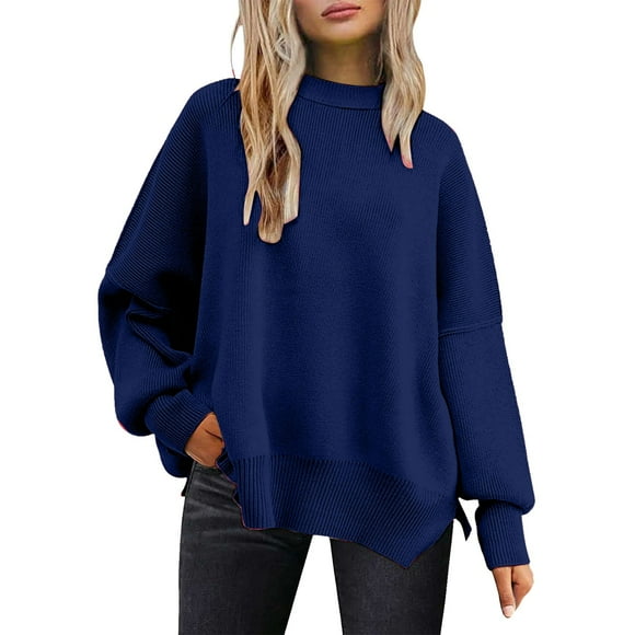 TJAZFJPA Cute Fall Sweaters for Women Women's Loose Autumn and Winter Casual Fashion Pullover Neck Split Knitting Sweater Chunky Sweater Fisherman Sweater Women