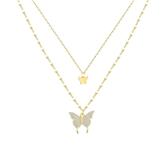 Janrevotw Double Necklace Female Simple Design Sense Niche Net Red Temperament Cold Wind Collarbone Chain New With Diamond Butterfly