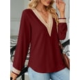 thumbnail image 4 of SHIBEVER Women Tops Fall Casual Long Sleeve Loose Fit Tunic Tops V Neck Lace Blouses Comfy Trendy Soild Color Winered Tshirts Size S, 4 of 5