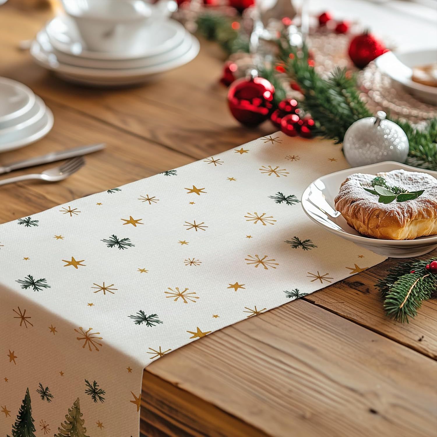 Christmas Table Runner 13x90 Inch, Xmas Trees Snowflakes Holiday Decorative Farmhouse Table Decoration for Kitchen Dinning, Indoor Outdoor Dinner Party Decor