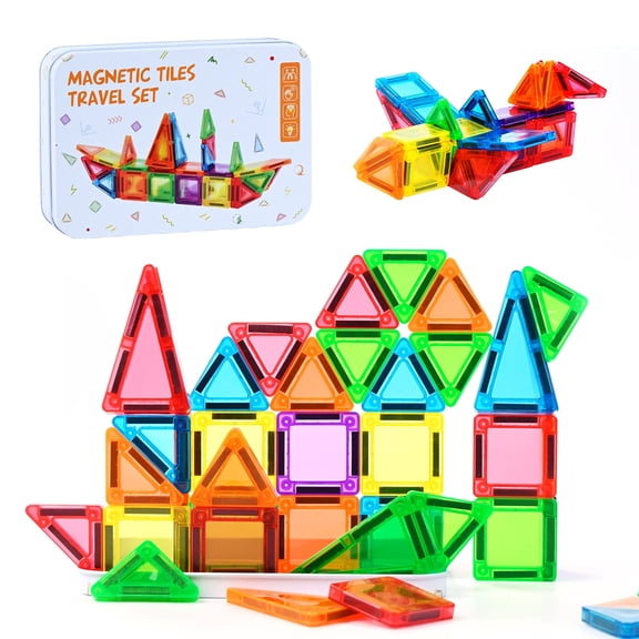 MAGBLOCK 48Pcs Mini Magnetic Tiles with Storage Box, Travel Magnetic Building Blocks for Kids Ages 3 , STEM Sensory Toys for Road Trip, Airplane & Car Activities