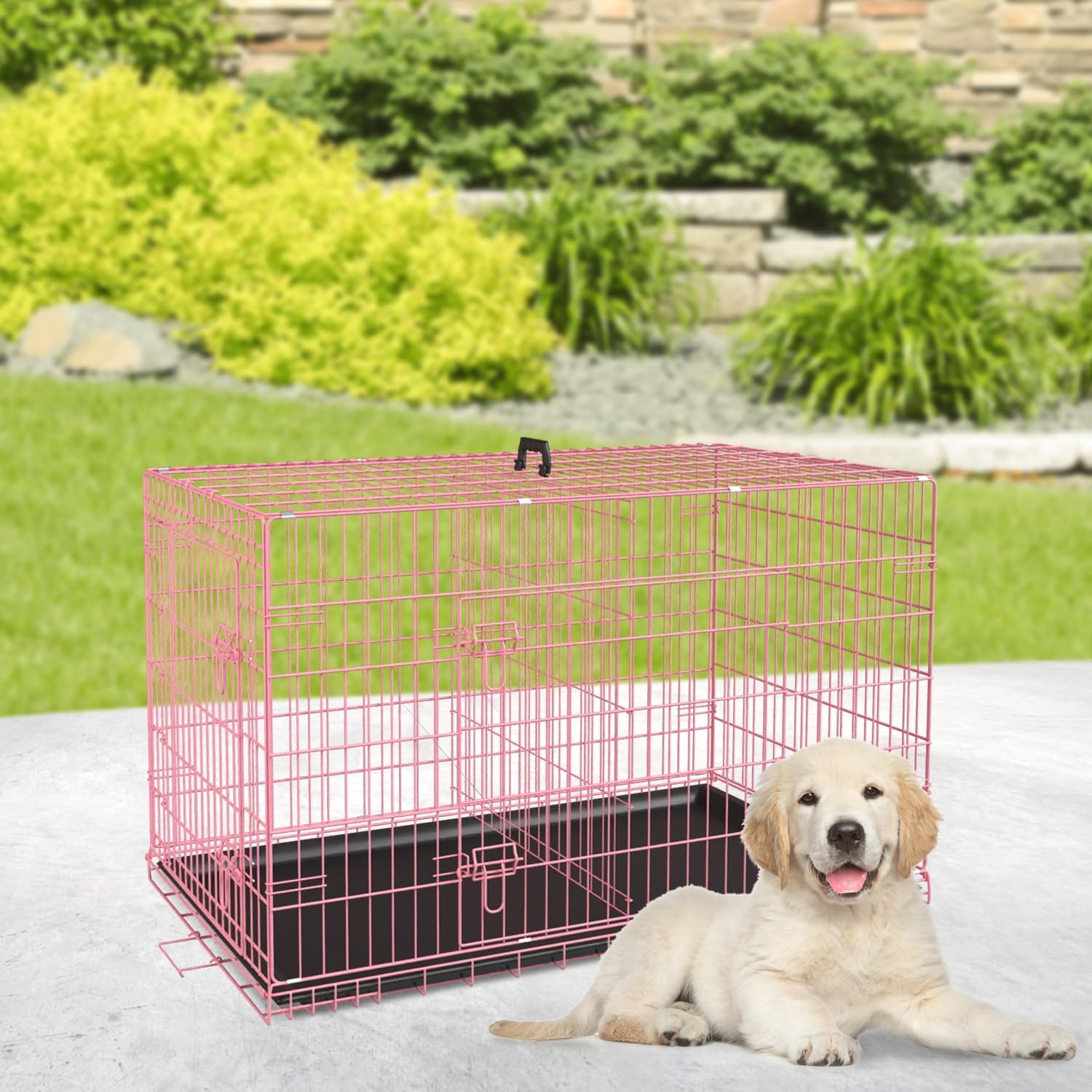CL.HPAHKL 30 inch Small Dog Crate, Metal Wire Folding Dog Kennel Cage with Double Door & Leak-Proof Pan, Portable Puppy Crate Cage for Small Dogs, Pink
