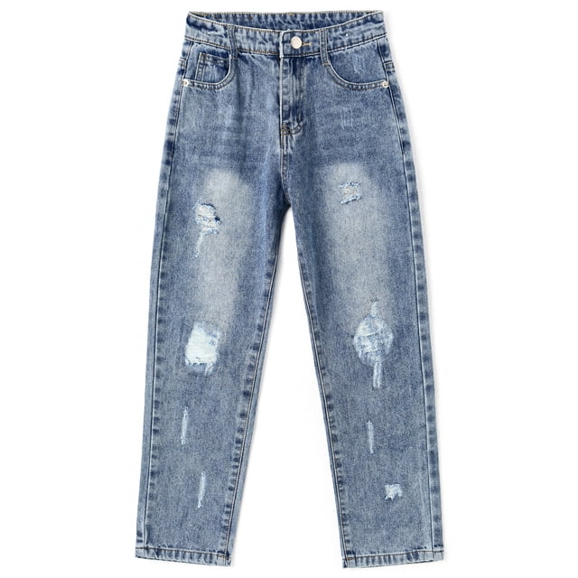 KIDSCOOL SPACE Little Girl Slim Jean,Stone Washed Ripped Hole Soft Denim Pants,Blue,9-10 Years