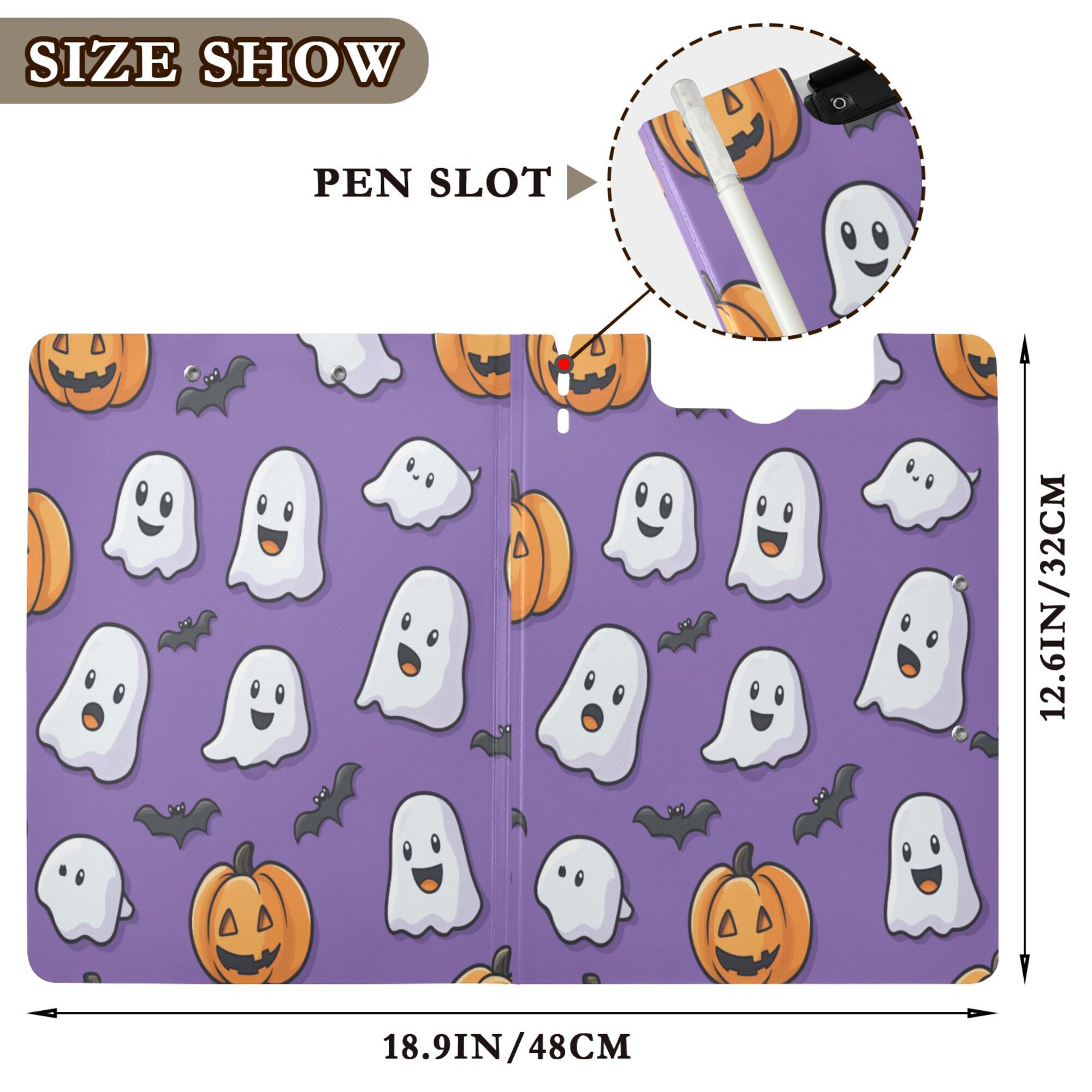 FORMRS A4 Clipboard Folder with Pen Holder Horizontal Foldable School Office Binder, Halloween Ghosts Purple
