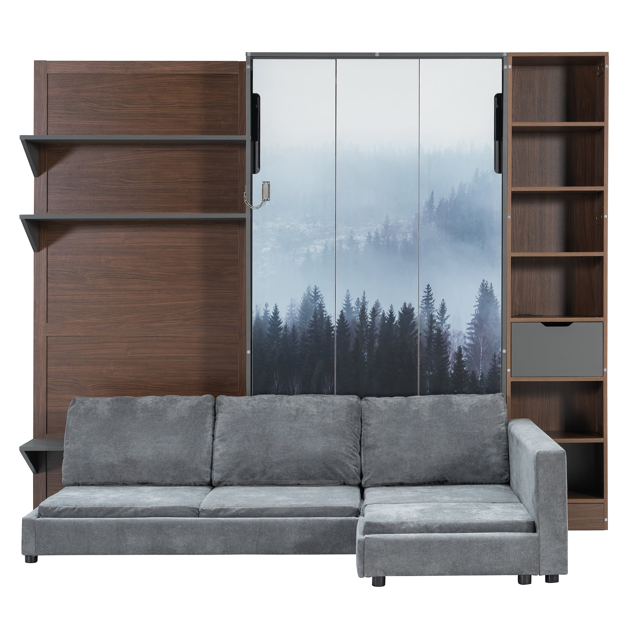 Twin Size Murphy Bed with SOpen Shelf, USB Port, L Shape Sofa, Space-Saving for Small Space, Guest Room