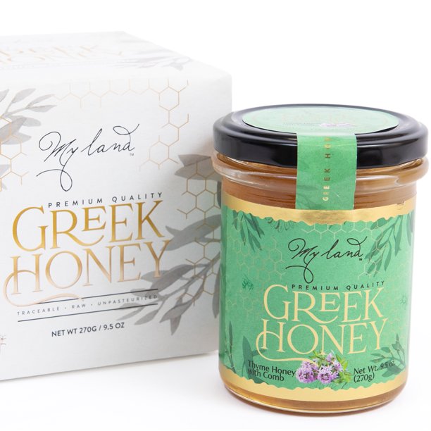 My Land Greek Honey, Nutrient Rich, Raw and Unfiltered, Thyme Honey with Comb, 100 Pure Honey