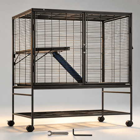 Black 2-Level Rolling Small Animal Cage with Ramp for Ferrets, Chinchillas, and Guinea Pigs