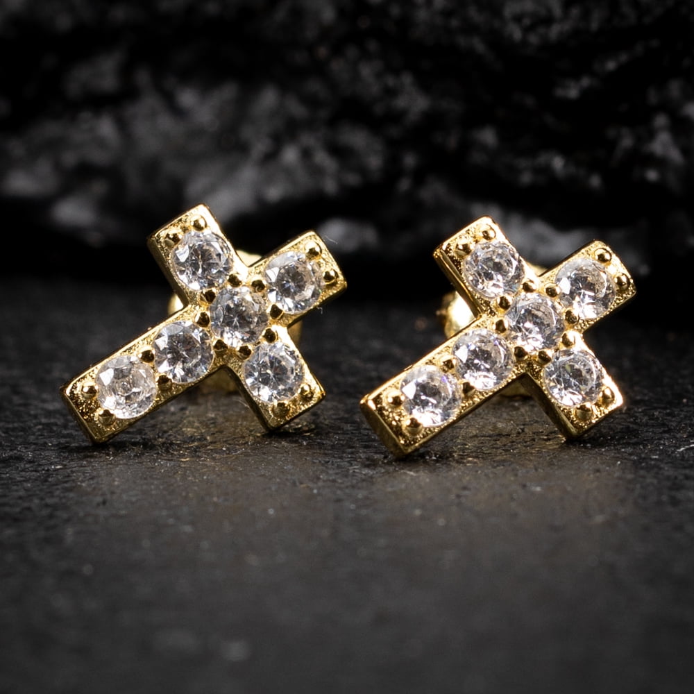 Small Mens Women's Prong Set Iced 5A Cz Hip Hop Yellow Gold 925 Sterling Silver Hypoallergenic Ice Out Cubic Zirconia Cross Screw Back Stud Earrings