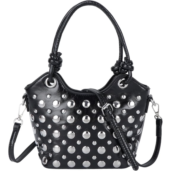 SPEKSEE Y2K Rivet Mini Bucket Handbag for Women, Retro Punk Silver Studded Top Handle Tote Bag, Detachable Strap Crossbody Shoulder Bag, Trendy Casual Streetwear Purse