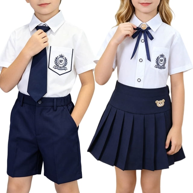Odeerbi Chicos 3 Piezas Preppy Traje Insignia Bordado Camisa y Traje Pantalones Cortos Con Corbata Uniforme Escolar Conjunto Traje Formal Caballero