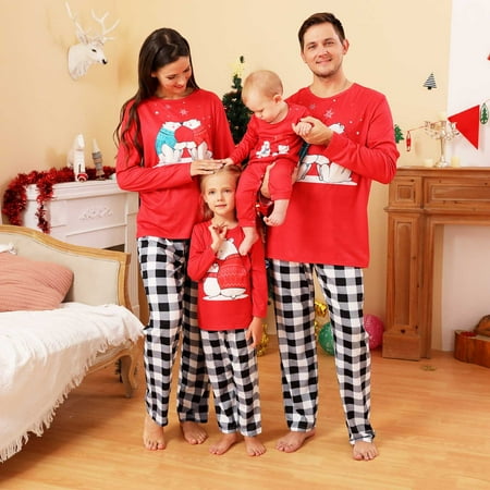 

jsaierl Matching Pajamas for Family Holiday Pajamas - Christmas Plaid Pajamas Pants Bottom Cute Bear Long Sleeve Tops Pjs