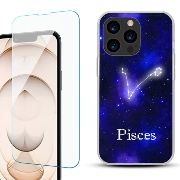 Slim-Fit Anti-Scratch Gel TPU Phone Case for iPhone 13 Pro, with Tempered Glass Screen Protector, by OneToughShield ® - Zodiac / Pisces