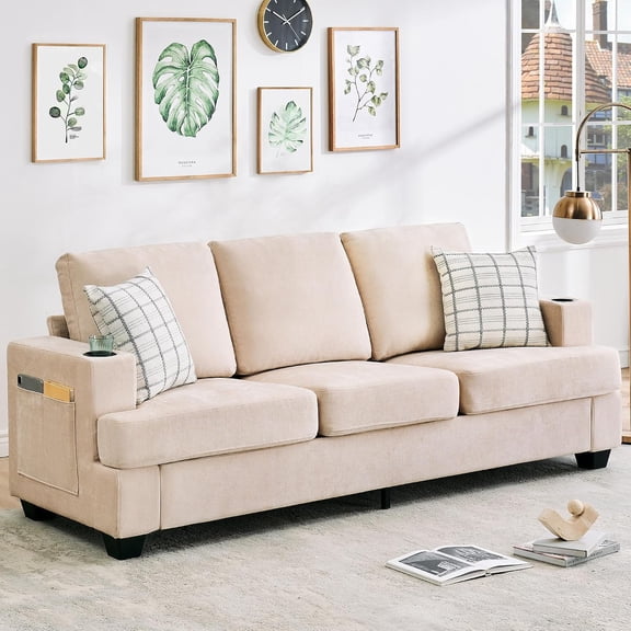 89 Inch 3-Seater Deep Seat Chenille Sofa with Built-In Cup Holders & Side Storage Pockets, Pet Friendly Removable Washable Cushion Covers, Tool-Free Assembly Modern Couch for Apartment Living Room