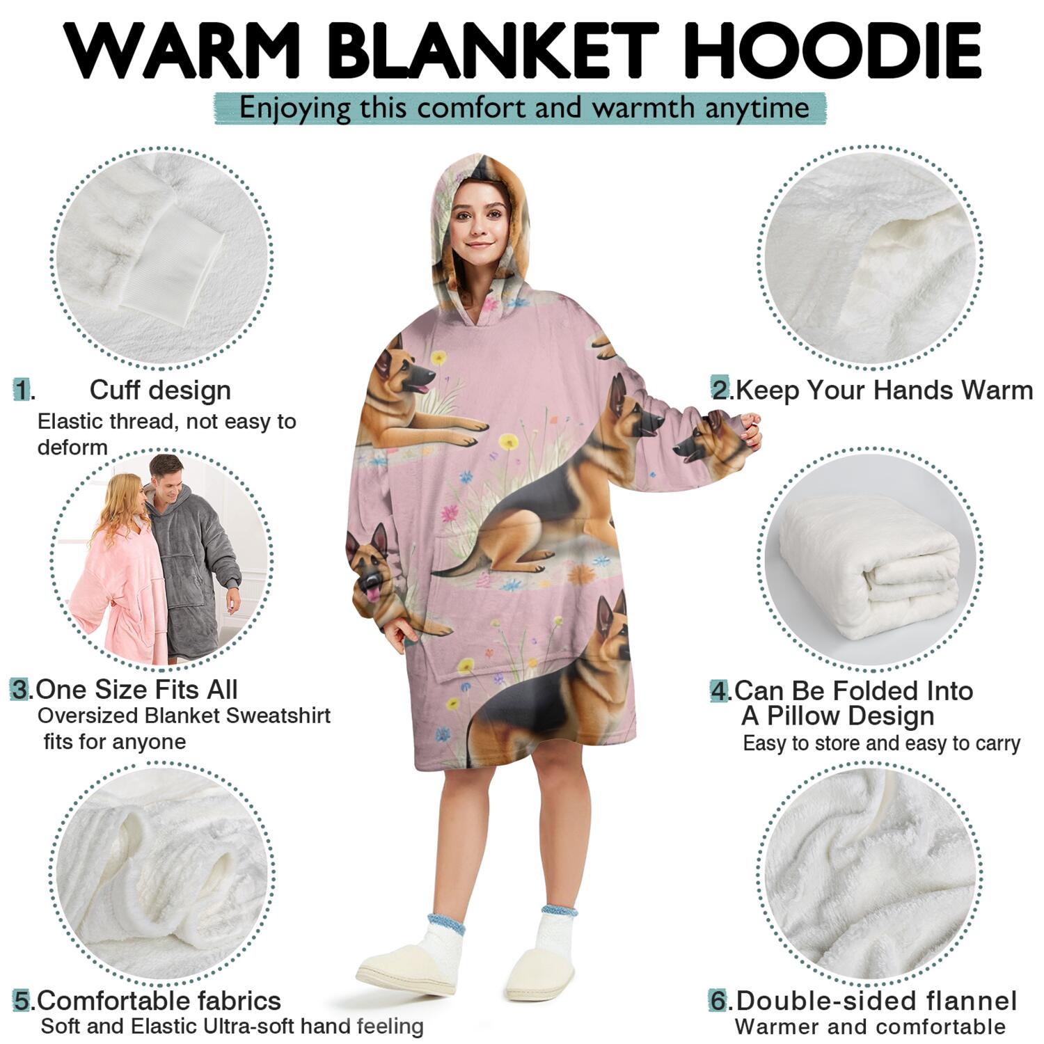 Wearable Oversized Blanket,German Shepherd Wearable Blanket Hoodie for Adults,Cozy Hooded Blankets with Super Pockets,Super Warm Fuzzy Pullover for Women & Men