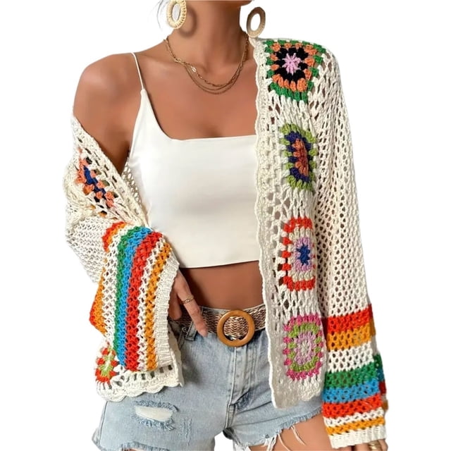 Cárdigans florales de ganchillo for mujer, cárdigan bohemio con abertura frontal, suéter, Tops de manga larga, moda Primavera Verano
