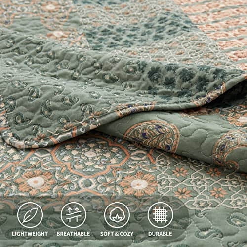 3-Piece Full/Queen Size Quilt Set - Olive Green Paisley Bedspread Coverlet with 2 Pillow Shams, Microfiber