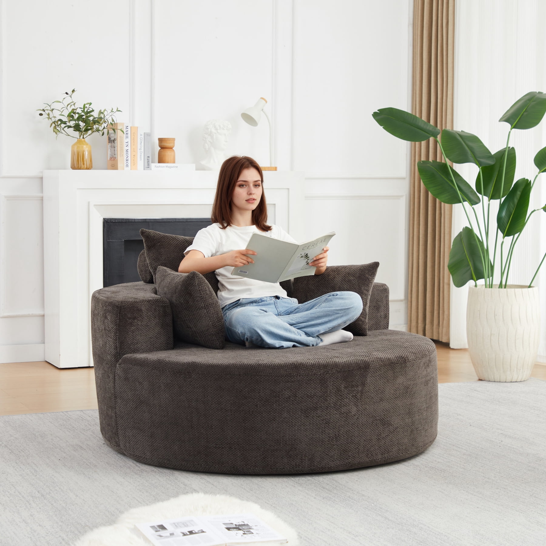 Leumius 55'' Oversized Round Chaise Longue Chair,Upholstered Chenille Single Cloud Circle Sofa Chair with Deep Seat,Fluffy Modern Sleeper Sofa Bed for Reading,Living Room,Bedroom,
