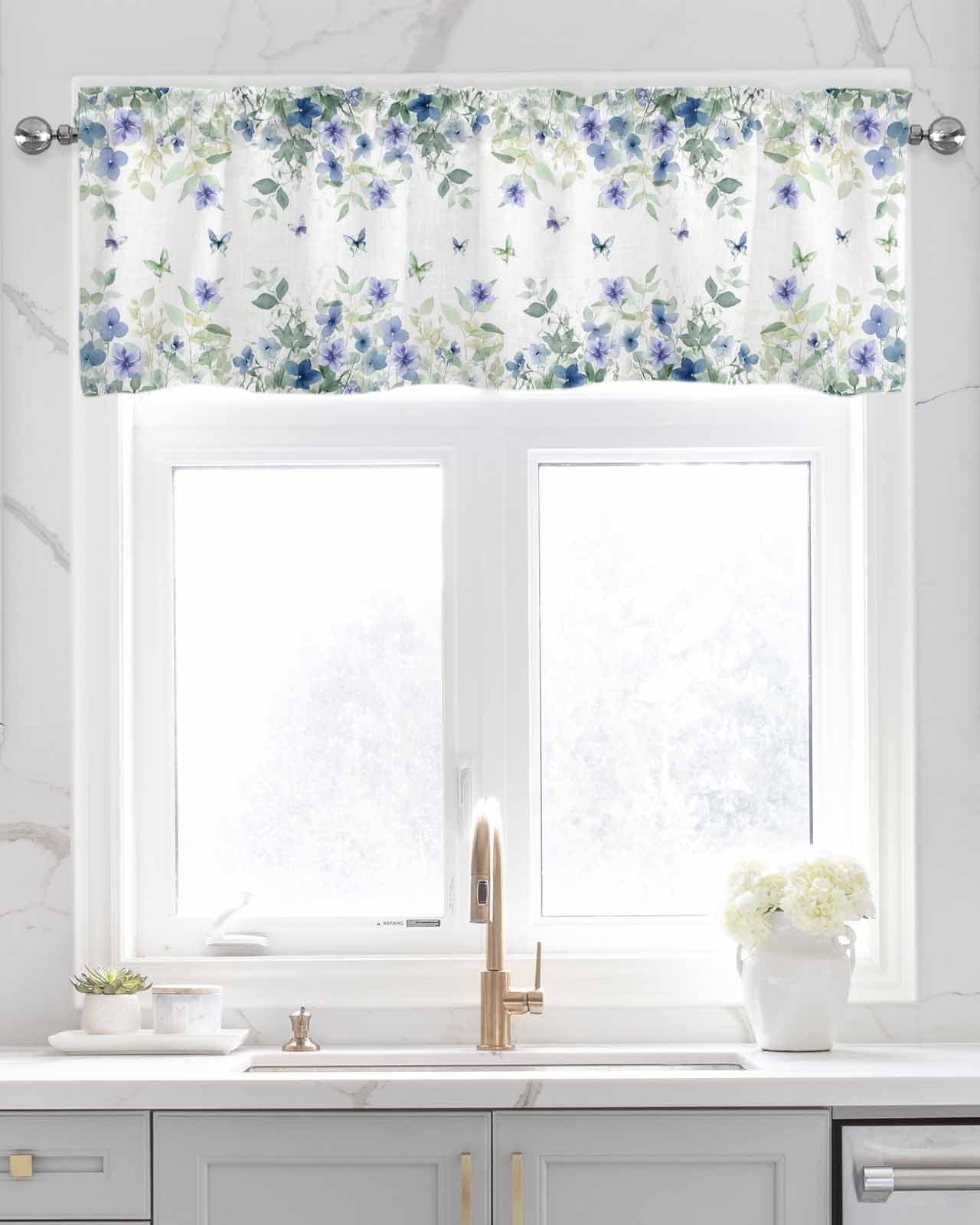Leaf Butterfly Kitchen Valances for Windows Farmhouse Linen Window Valance Curtain for Living Room Window Treatment Watercolor Sage Green Purple Floral Valance Rod Pocket Topper Drape, 42 x 12 Inch