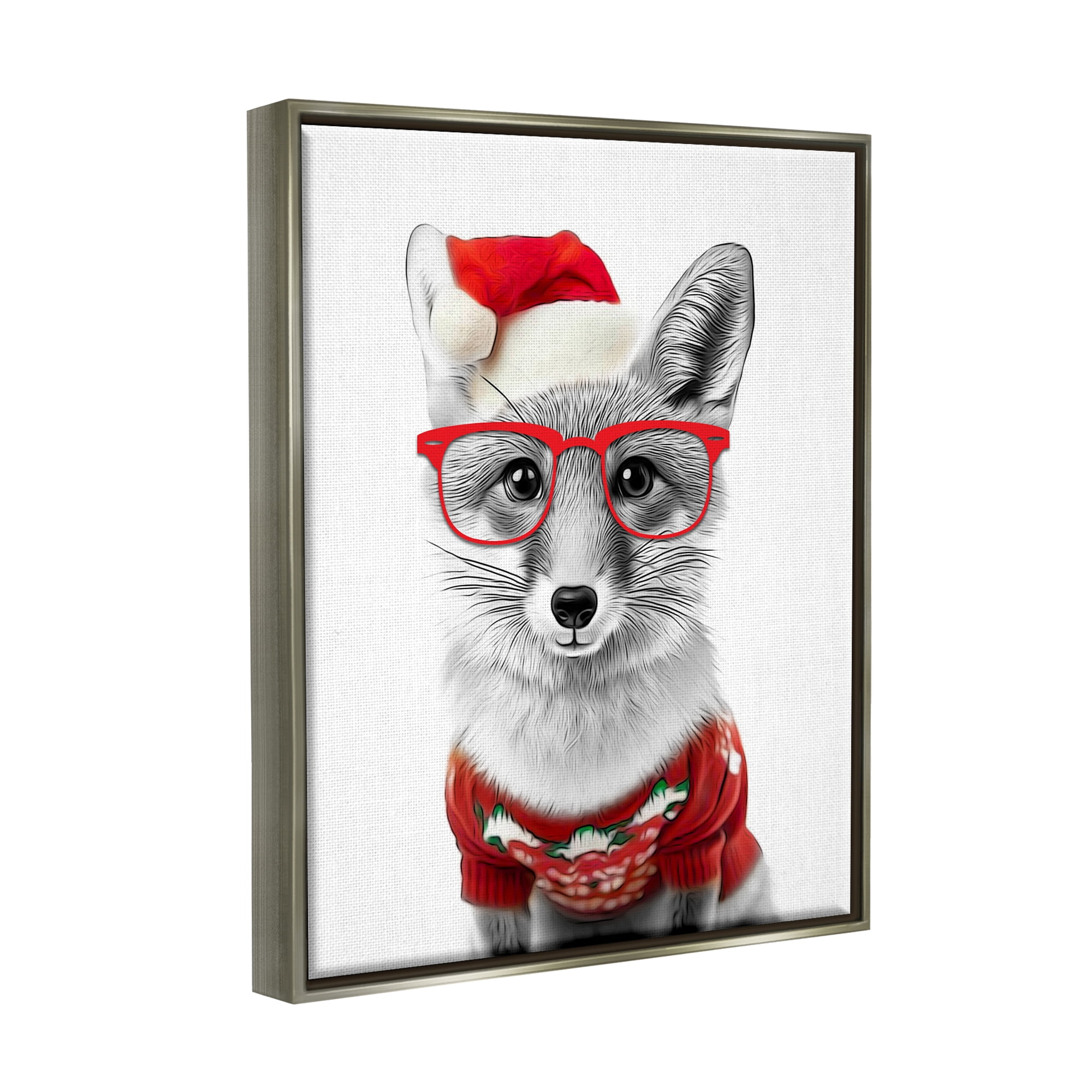 Stupell Industries Fox in Holiday Clothes Holiday Painting Gray Floater Framed Canvas Art Print Wall Art, 25 x 31