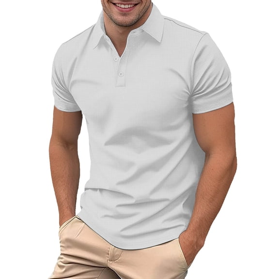 IWRICH Men's Waffle Solid Color Polo Shirts Collared Short Sleeve Slim Fit Shirts Button up Casual Business Workwear White XL