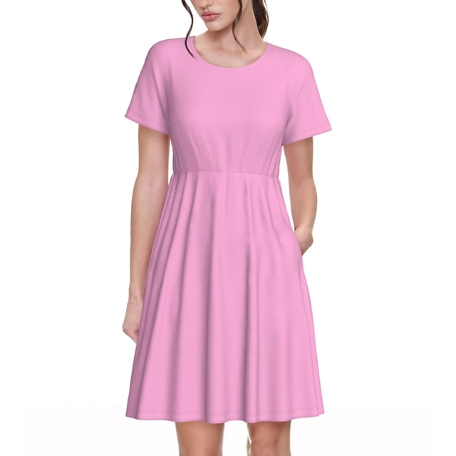 Bixox Robe d'Été à Manches Courtes pour Femmes Robe Ample Longueur Genou avec Poches-Rose