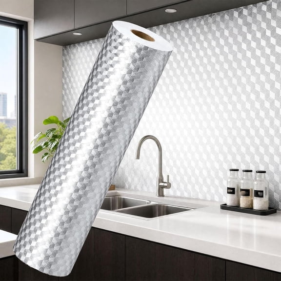 Stainless Steel Kitchen Oil-Proof Adhesive Wallpaper Roll, High-Temperature Resistant Waterproof Self-Adhesive Aluminum Foil Contact Paper for Countertops, Cabinets&Backsplash (3.3 ft,15.8 in)