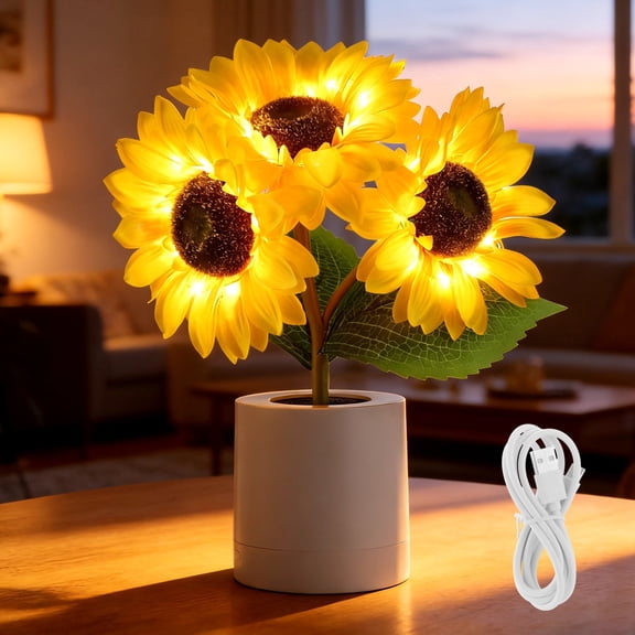 LED Sunflower Night Light, 3-Head Dimmable Floral Table Lamp, USB Rechargeable Flower Lamp with Soft Fabric Petals, Stable Pot Base for Bedroom, Living Room, Gift, Home Decor