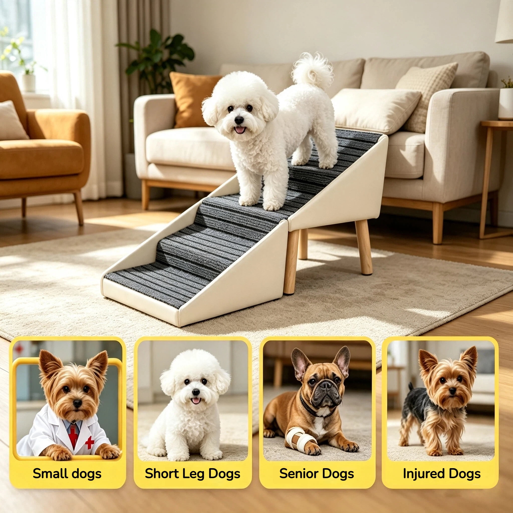 2-in-1 Dog Stairs for Bed and Couch 18.89" Foldable Dog Ramp for Couch 4 Pet Steps & Ottoman for Small Dogs, Beige