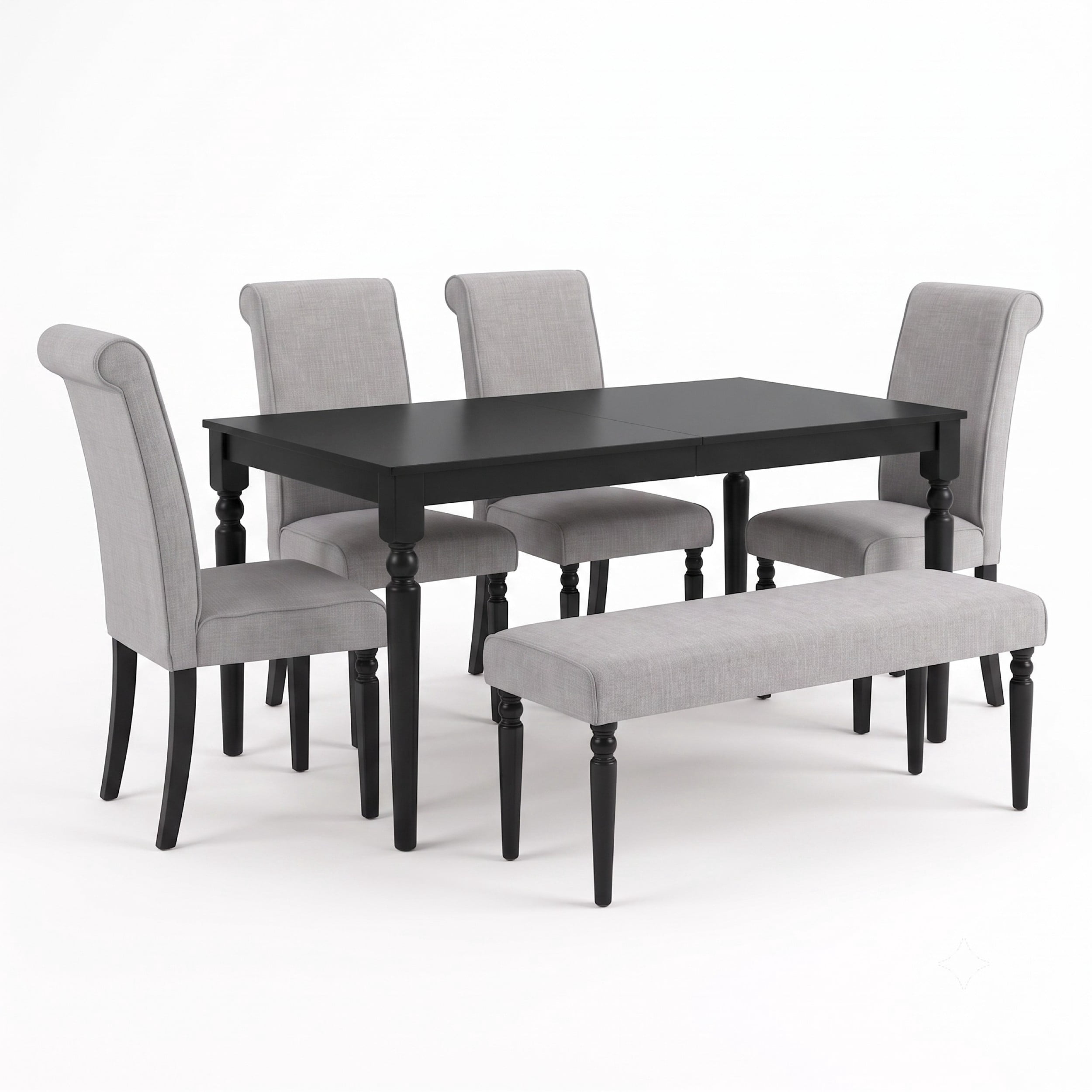 Home Design Pryor 6-Piece Dining Table Set- Rectangular Table, Upholstered Chairs and Bench, Modern Turned Legs Design, Black