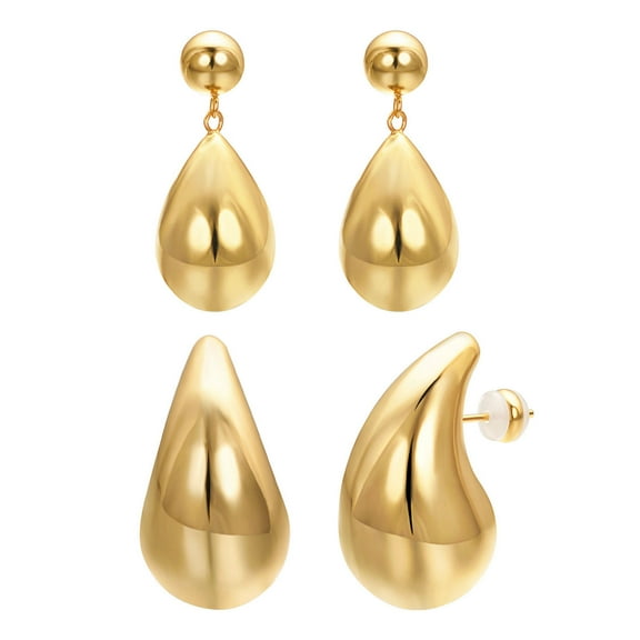 Vissen Two pairs Earrings Gold Teardrop Dangle Earrings for Women Sturdy Stainless Steel Pierced Stud Moon Earrings for Trendy Jewelry