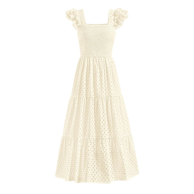 Vestido largo PRETTYGARDEN para mujer con cuello cuadrado y ojales, color beige