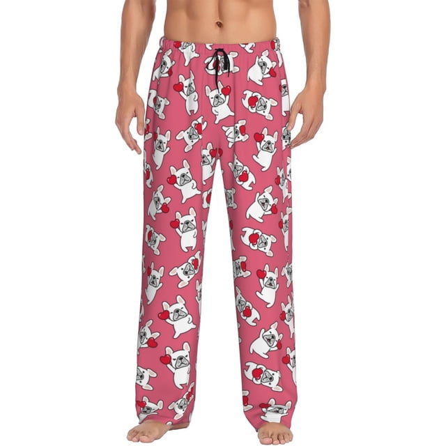 Fotbe French Bulldog And Heart Pantalones de Pijama para Hombre, Pantalones de Dormir, Pantalones de Casa con Cintura Ajustable y Bolsillos-Medium