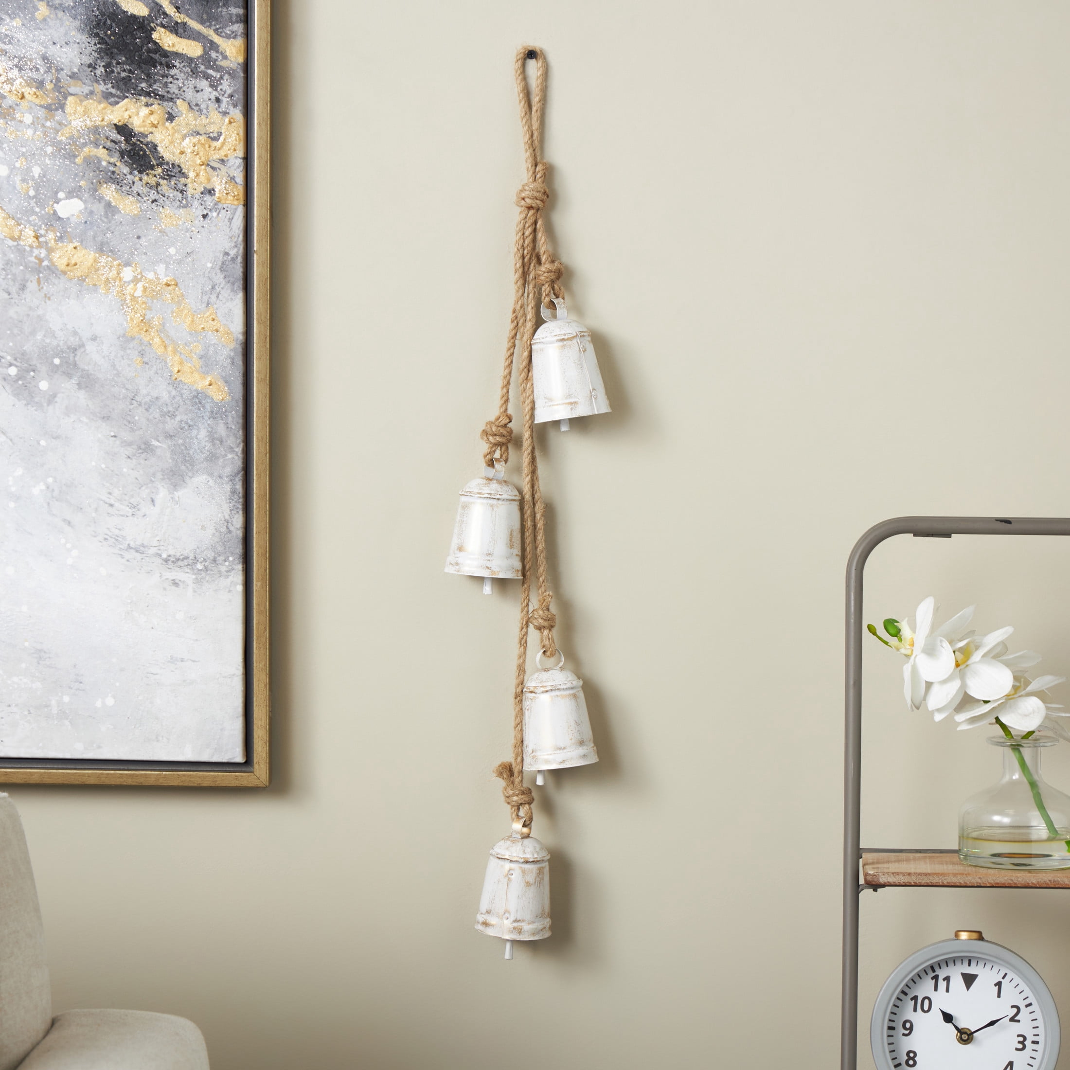 DecMode Tibetan Inspired Cascading White Metal Cylindrical Decorative Bells with 4 Bells on Jute Hanging Rope