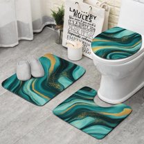 Teal and Gold Marble Golden Splashes Pattern Bathroom Rugs Sets 3 Piece,Toilet Cover Set,Absorbent Non Slip Bathroom Mats Sets with U-Shaped Contour Rug Toilet Rug Set