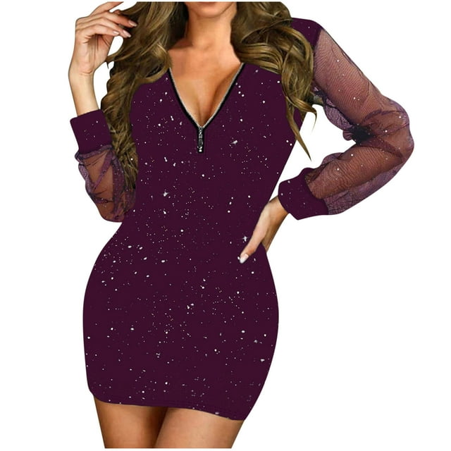 FAIWAD Robes de Soirée pour Femmes Robe à Paillettes en Maille Manches Longues Col en V Fermeture Éclair Élégante Robe Cocktail Mini