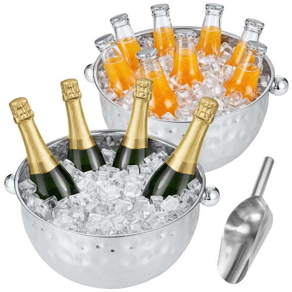 2 Pcs Stainless Steel Ice Buckets with Dual Handles, Hammered Wine Ice Bucket with Scoop, Multi-Purpose Beverage Tub Drink Holder for Parties, Bar, Wedding
