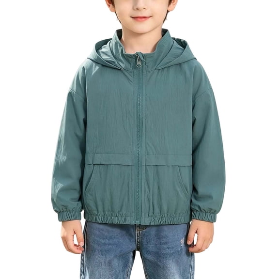 ZACPNCV Boys Hooded Windbreaker Jacket Kids Full Zip Stand Collar Elastic Cuff Hem Hoodie Jacket Solid Color Lightweight Casual Outerwear A-Green