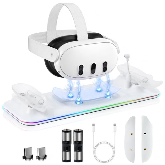 Charging Dock for Meta Quest 3, Fast Charging Magnetic Stand for VR Oculus Quest 3, with LED Light, with 2 Rechargeable 1200mAh Batteries, White