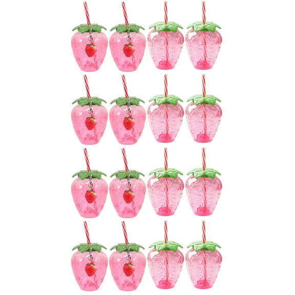 UEETEK 16 Pcs 17 Oz Strawberry Cup With Straw - Strawberry Tumbler Drinking Bottles Mug For Hawaiian Summer Party