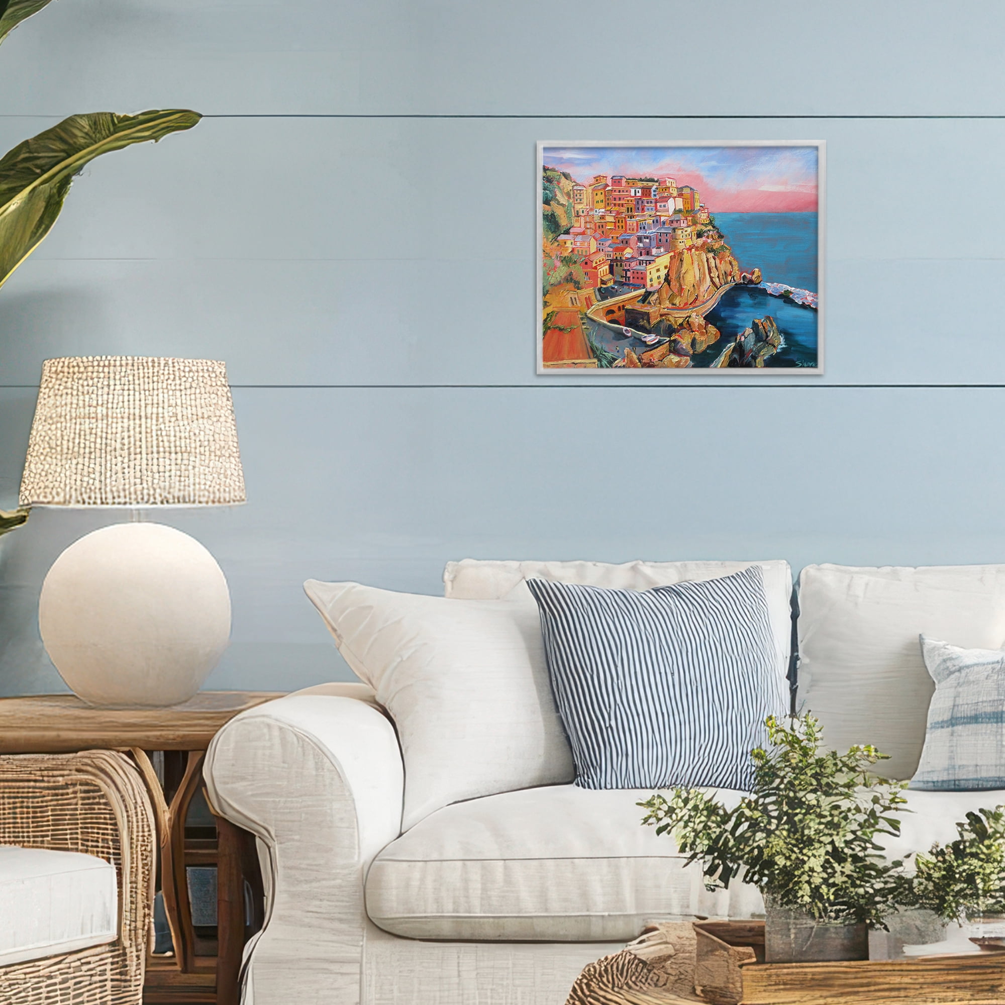 Stupell Industries Cinque Terre Seascape Architecture Gray Framed Giclee Art, design by Maxine Shore