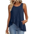 thumbnail image 3 of Pounoo Tank Tops for Women Round Neck Sleeveless Diagonal Ruffle Uneven Hem Tank Plain Crinkle Fabric Sleeveless Tops for Women Flowy Loose Fit Beach Vacation Soft Cute Summer Tops, 3 of 7