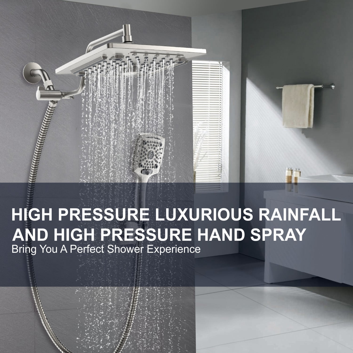 AUKTOPT Rainfall 5-Modes Spary 10 Inch Wall-Mount Showerhead Handheld Shower, Shower Head Combo with 60 Inch Hose, Extension Arm, Brushed Nickel