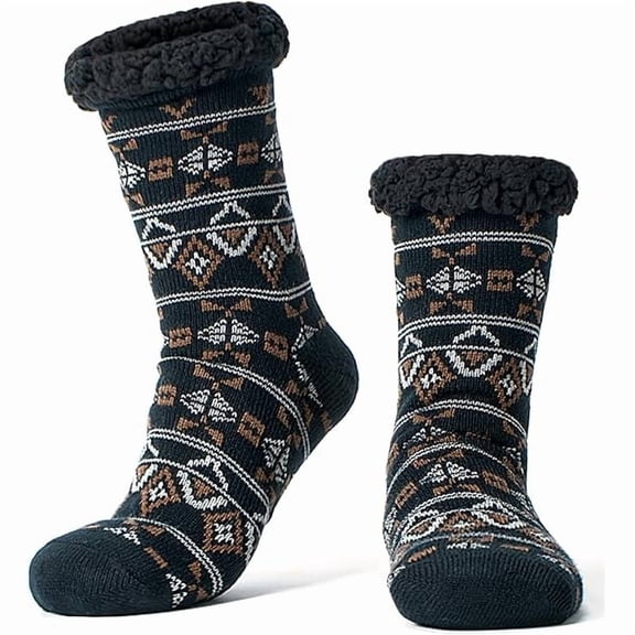 Fu997 Men's Warm Slipper Socks with Grips, Winter Thermal Cabin Fuzzy Socks