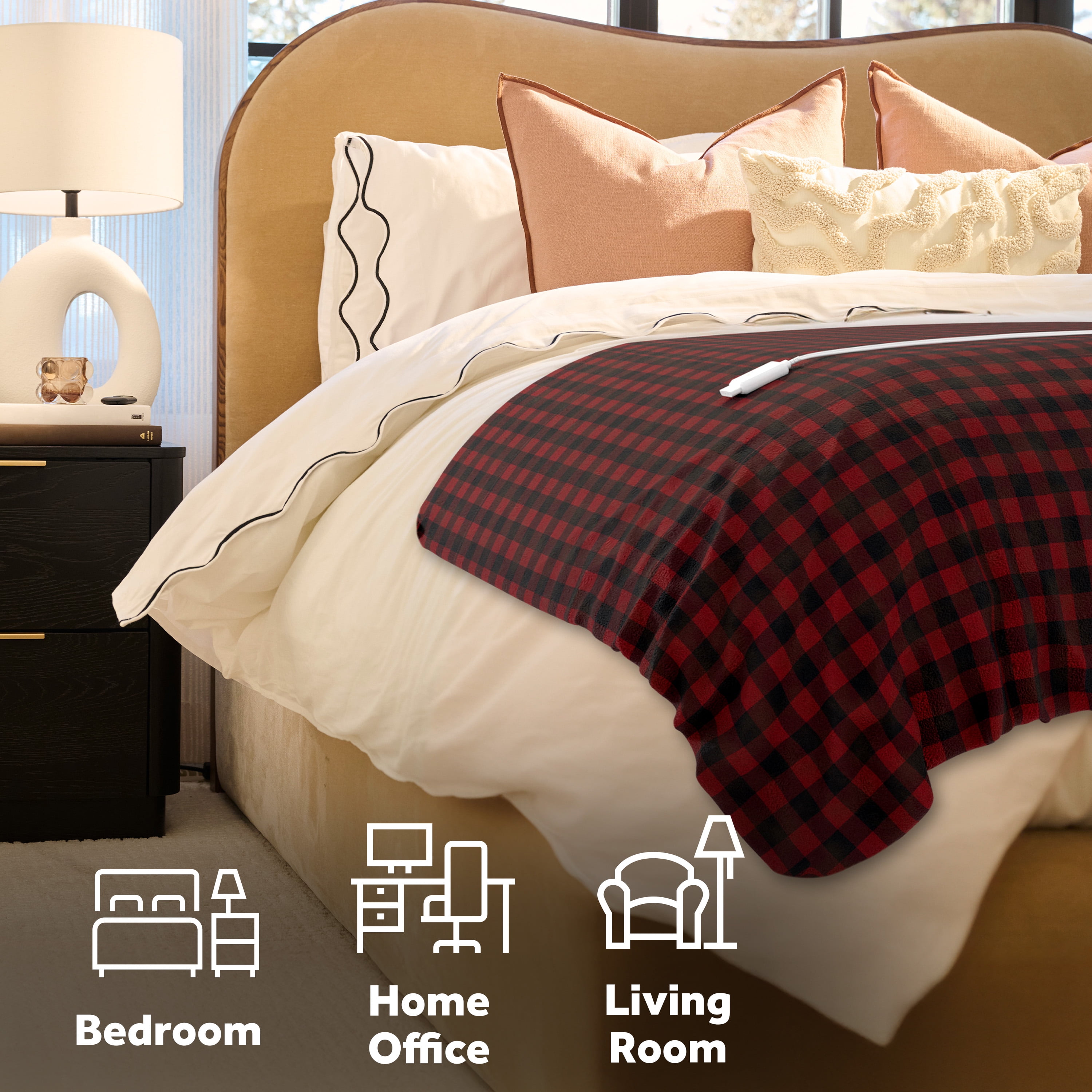 Jeté chauffant électrique motif tartan rouge Sunbeam en micropeluche et revers en sherpa, quatre réglages de chaleur, arrêt automatique, 127 cm x 152,4 cm (50 po x 60 po) SUNBEAM JETE CHAUFFANT